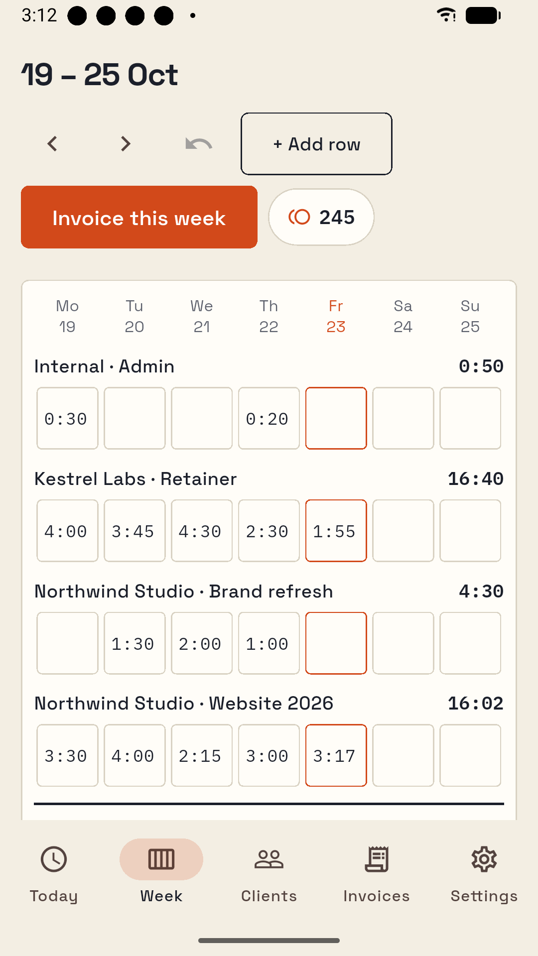 Weekly timesheet with hours per project and day