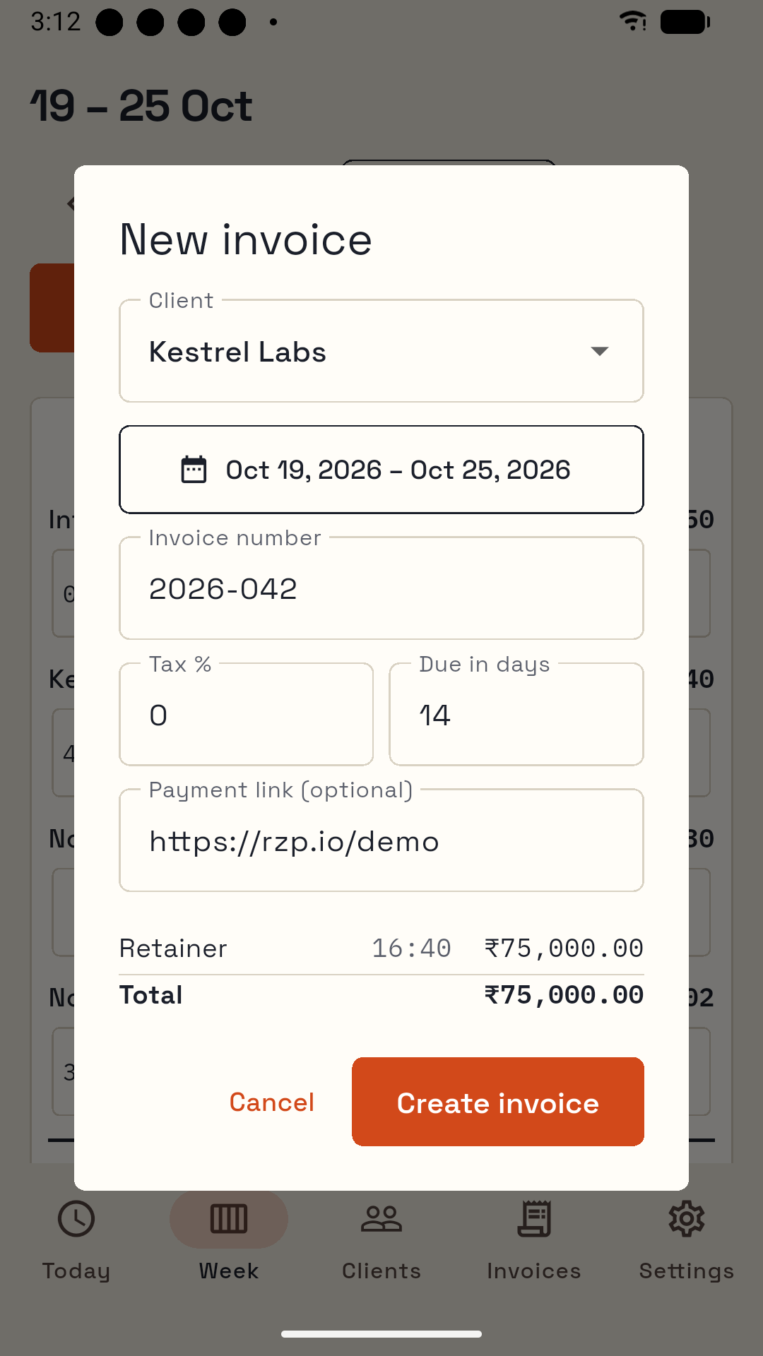 New invoice dialog with client, date range, tax and total