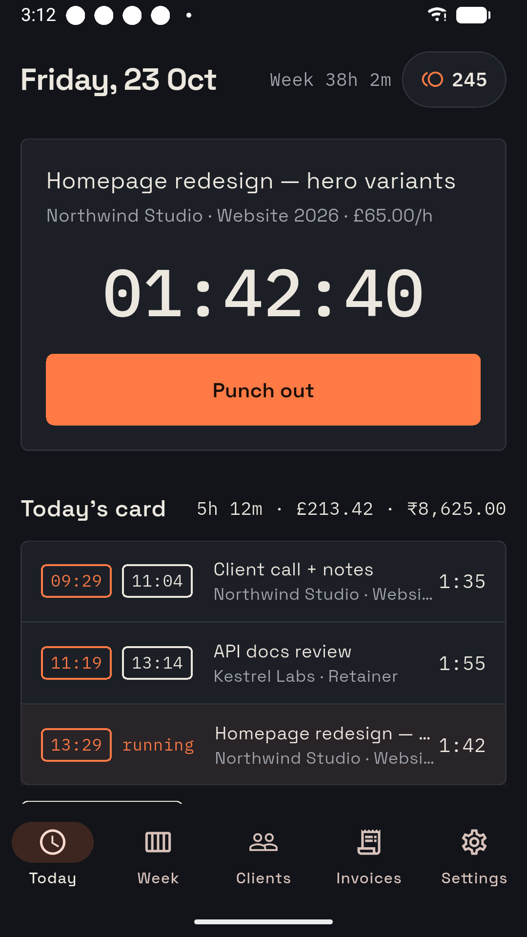 Today screen in dark mode